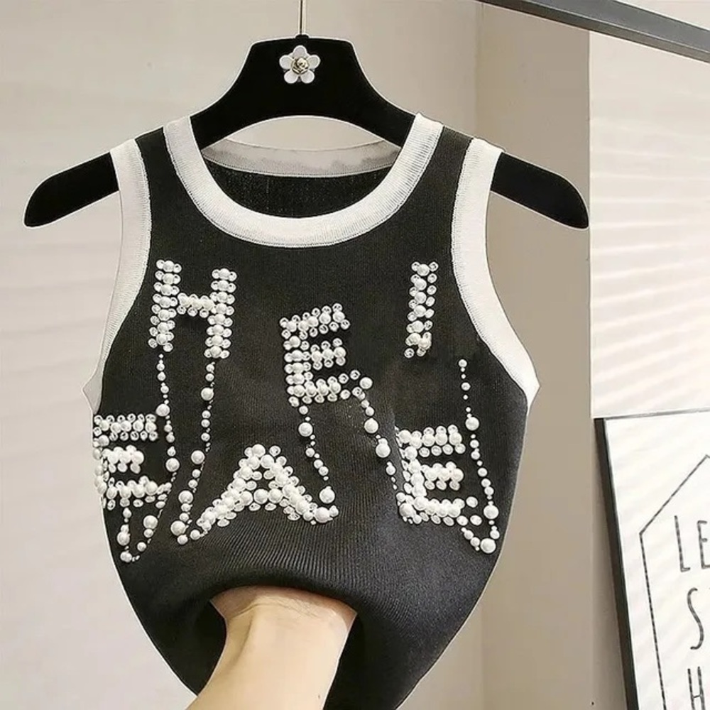 Black and White Sleeveless Top with Pearl Embellishments